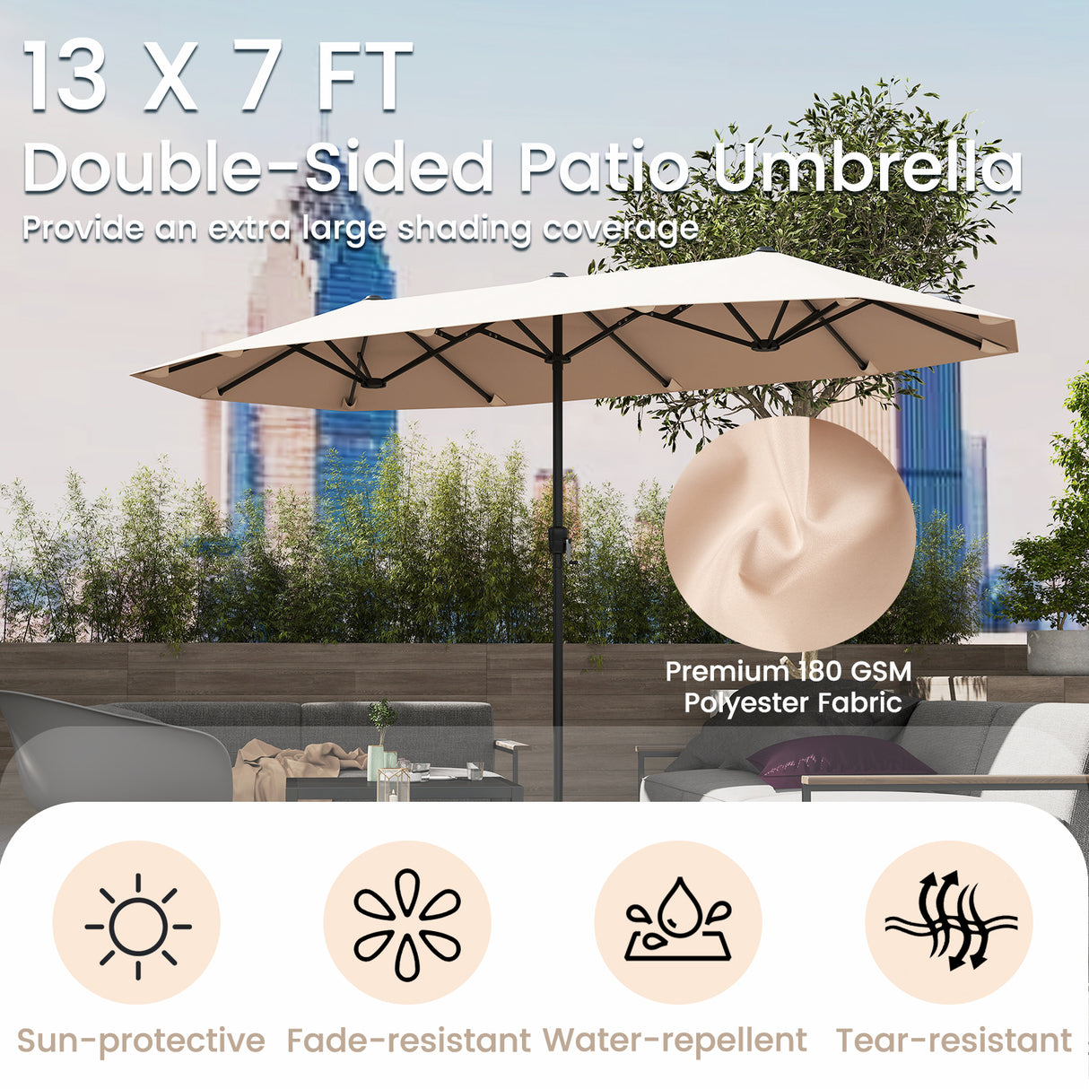 13 FT Large Patio Umbrella Outdoor Double-Sided Table Market Umbrella with Crank Handle-Beige