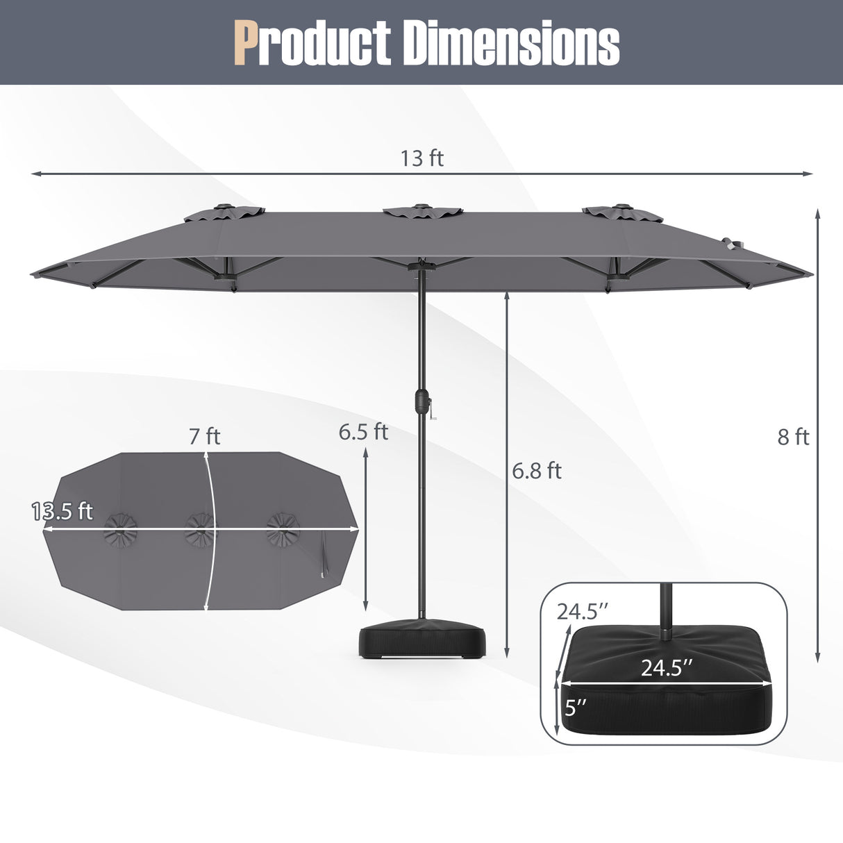 13 Feet Double-Sided Patio Twin Table Umbrella with Crank Handle-Gray