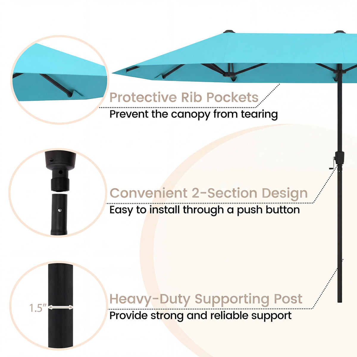 13 Feet Large Patio Umbrella Outdoor Double-Sided Table Market Umbrella with Crank Handle-Turquoise