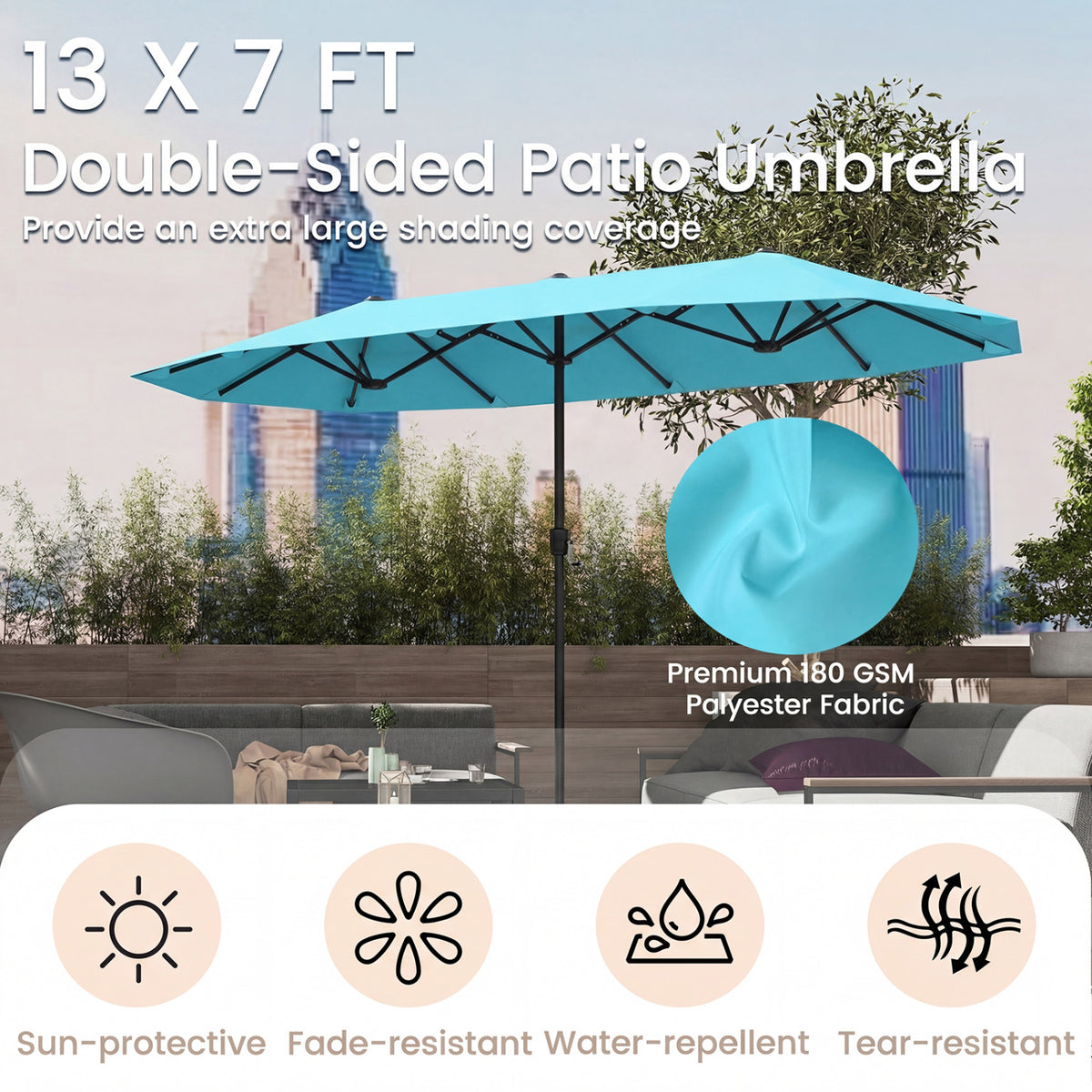 13 Feet Large Patio Umbrella Outdoor Double-Sided Table Market Umbrella with Crank Handle-Turquoise