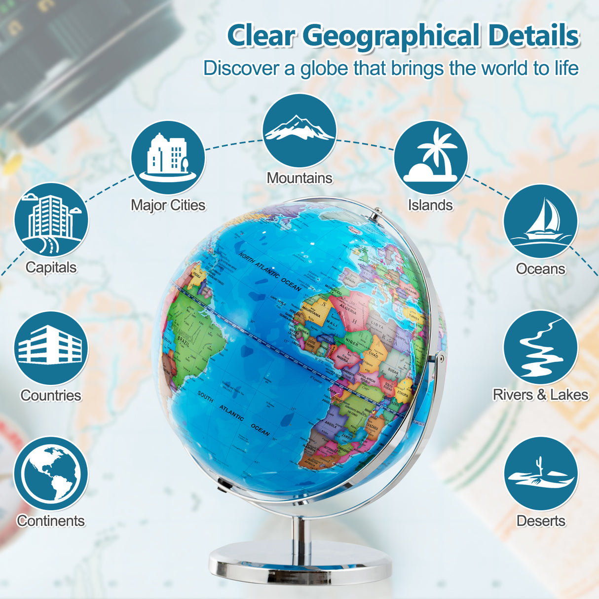 13 Inch Illuminated World Globe 720 ° Rotating Map with LED Light