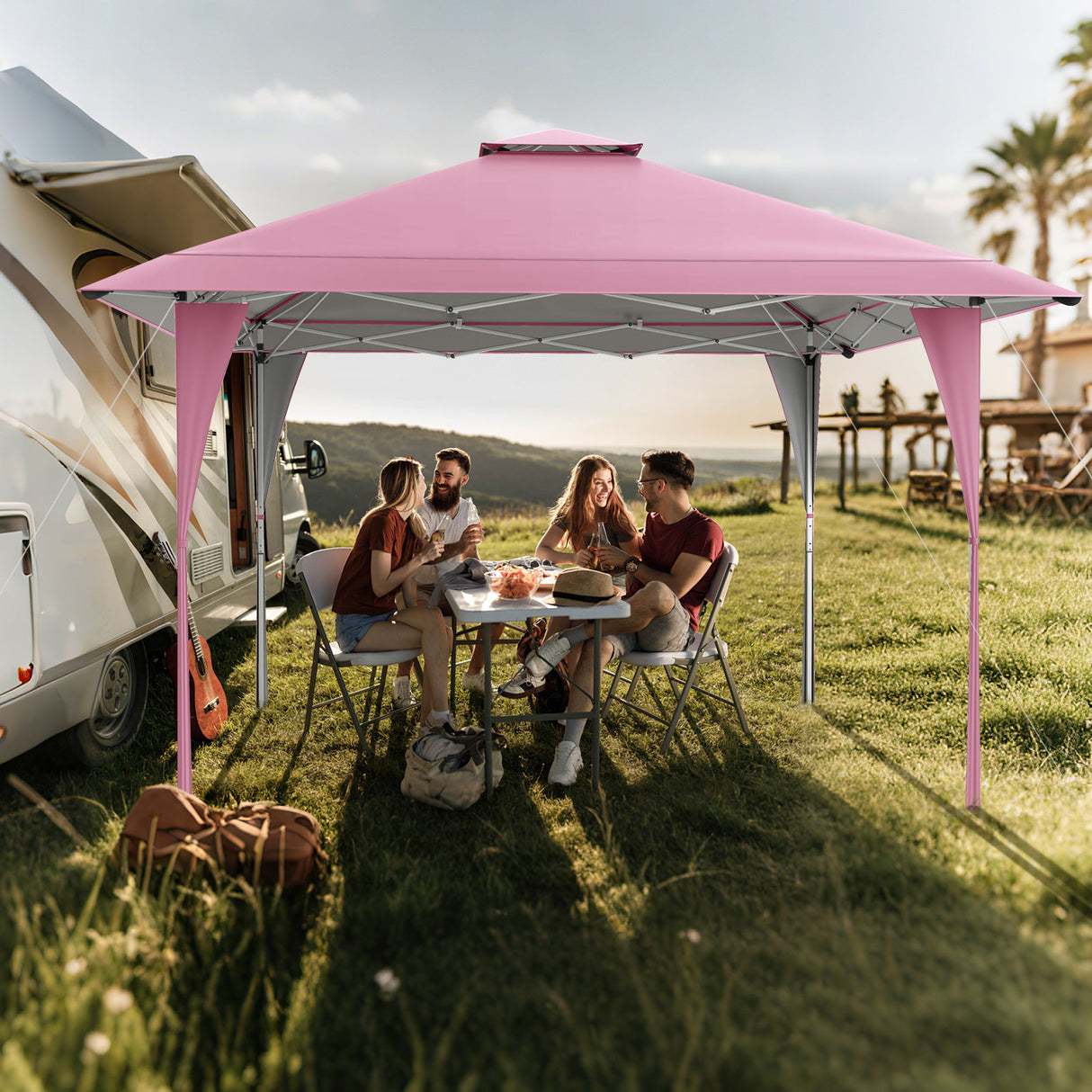 13 X 13 FT Pop up Gazebo with Portable Carrying Bag 8 Stakes and 4 Wind Ropes-Pink