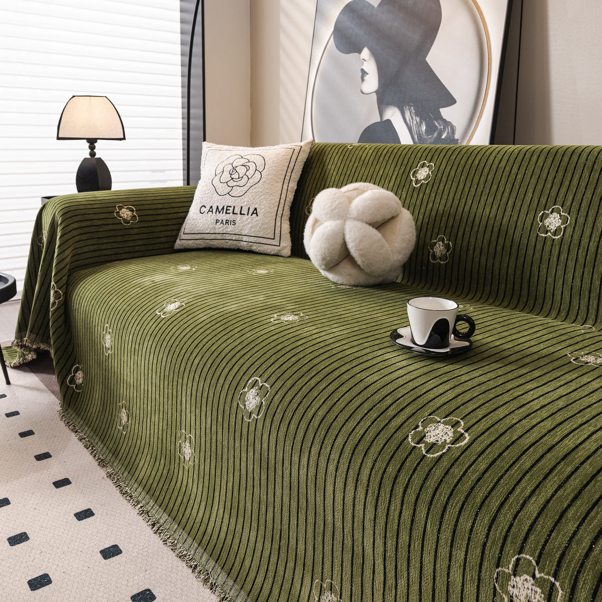 Chenille Camellia Floral Sofa Throw Cover Couch Blanket with Striped Jacquard