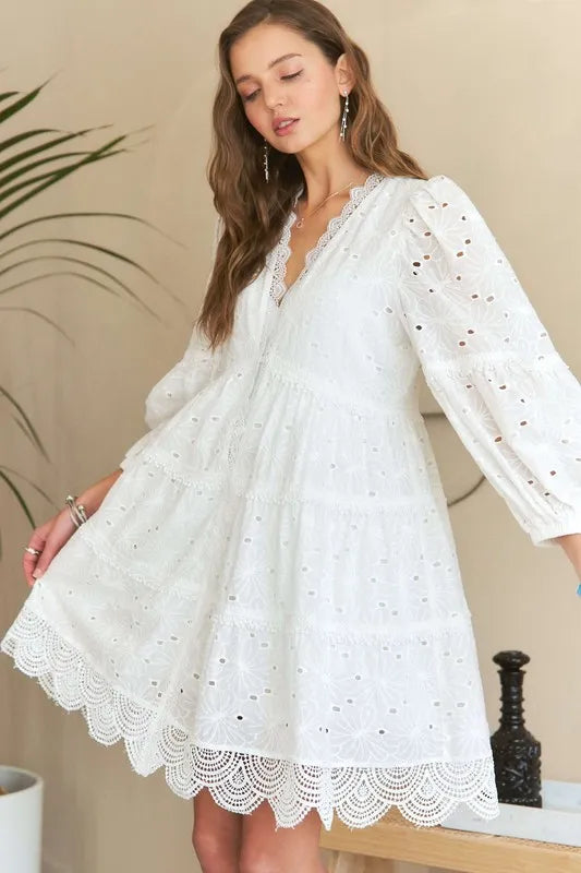 Lace Detail Tiered Eyelet V-Neck Babydoll Dress For Women – Feminine Boho Chic Dress, Fluttering, Elegant Lace & Eyelet