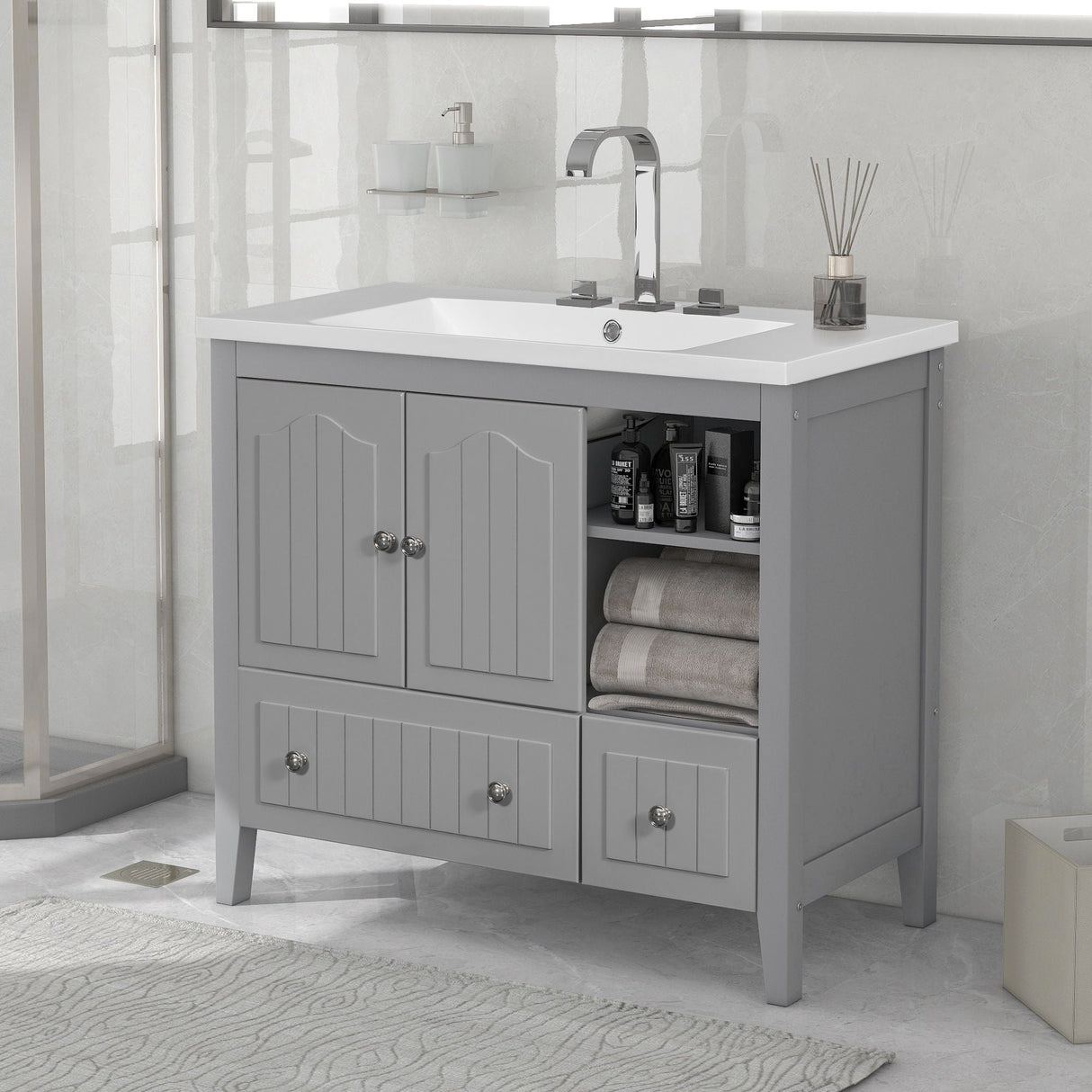 Bathroom Vanity With Ceramic Basin, Bathroom Storage Cabinet With Two Doors And Drawers, Solid Frame, Metal Handles by Couch.com