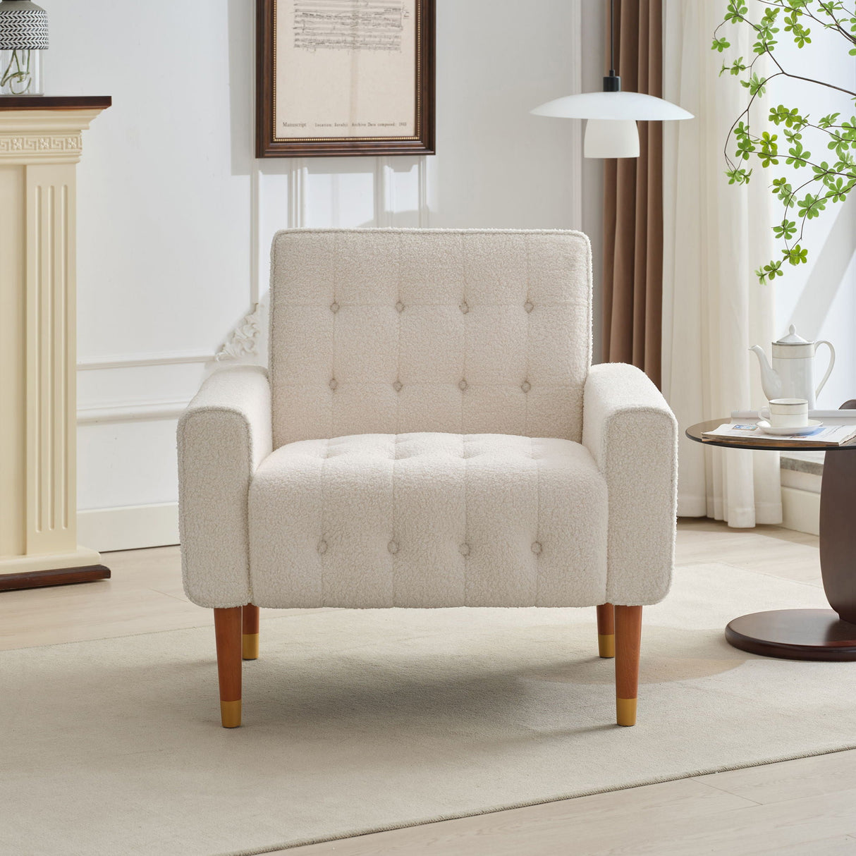 Classic Biscuit Style Accent Chair Comfortable Armrests, Soft Fabric, Elegant Solid Wood Legs With Gold Finish - Beige by Couch.com
