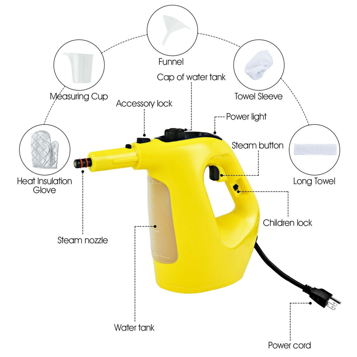 1400W Handheld Steam Cleaner with 14-Piece Accessory Kit and Child Lock-Yellow