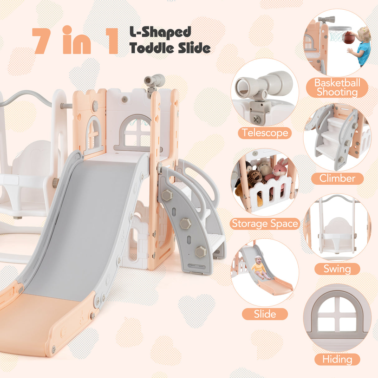 7-in-1 Toddler Swing and Slide Set L-shaped with Ladder and Basketball Hoop-Pink