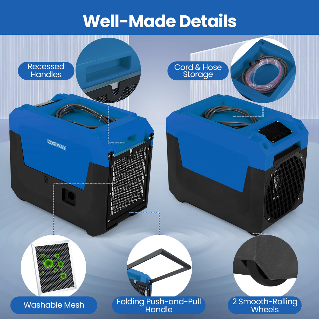 140 Pints Commercial Dehumidifier with Pump and Drain Hose-Blue