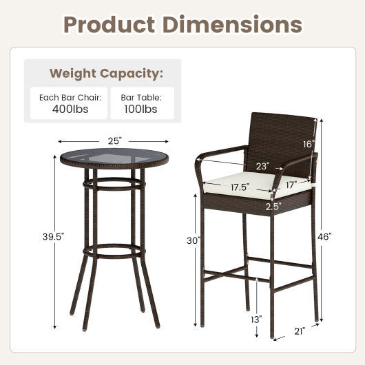 Patio Rattan Bar Height Table and Chairs with 2 Seat Cushions for Porch-White