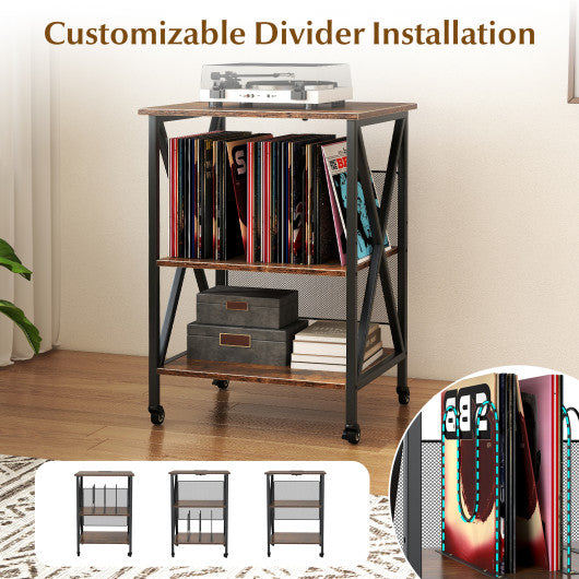 3-Tier Record Player Stand with Charging Station and Adjustable Shelf-Coffee