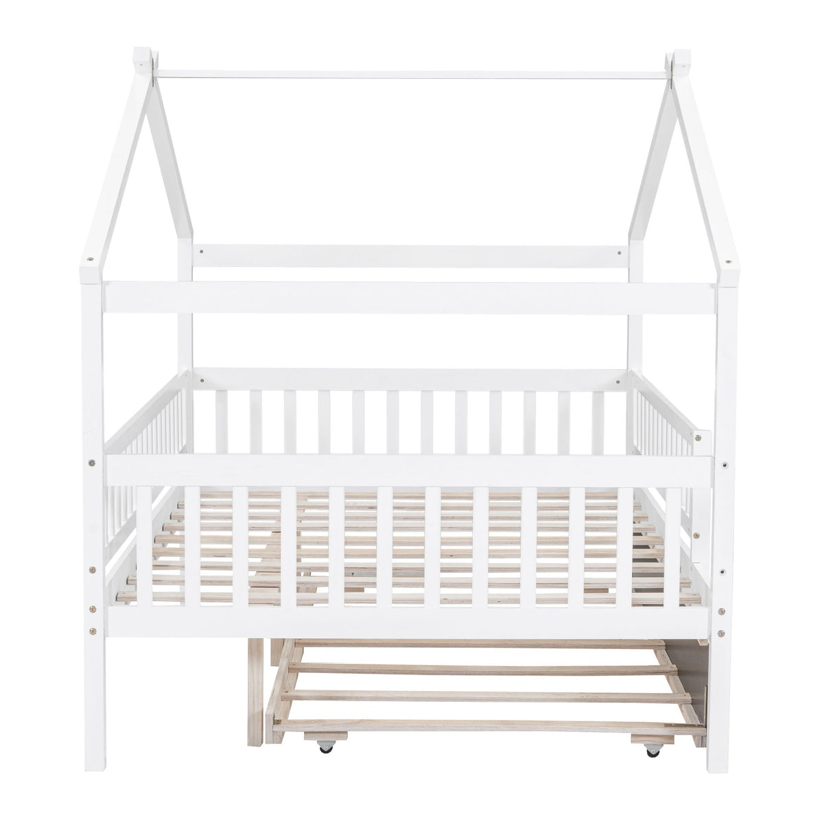 The Creativity House Bed features a white wooden frame with a minimalist house-shaped design, slatted base, and removable front panel. It converts easily to adapt as needed and includes a twin-size trundle.