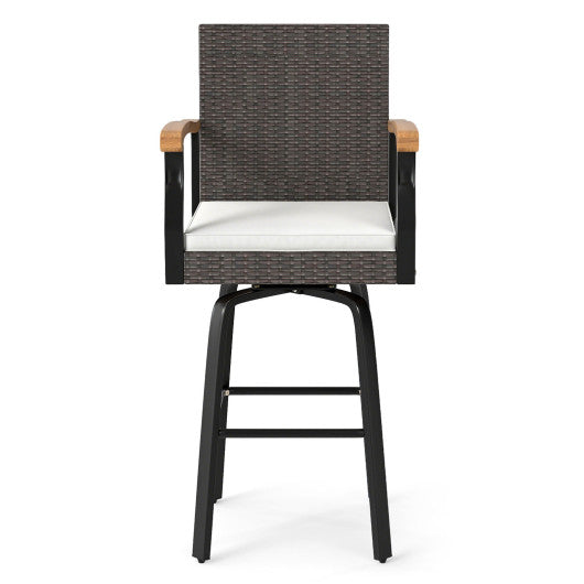 One Outdoor 360° Swivel Bar Stool with Cushion and Acacia Wood Armrests