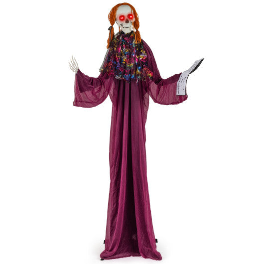 6 Feet Halloween Animatronic Standing Girl Holding Book with Sound-Activated Light-up Eyes and Moving Arms & Head