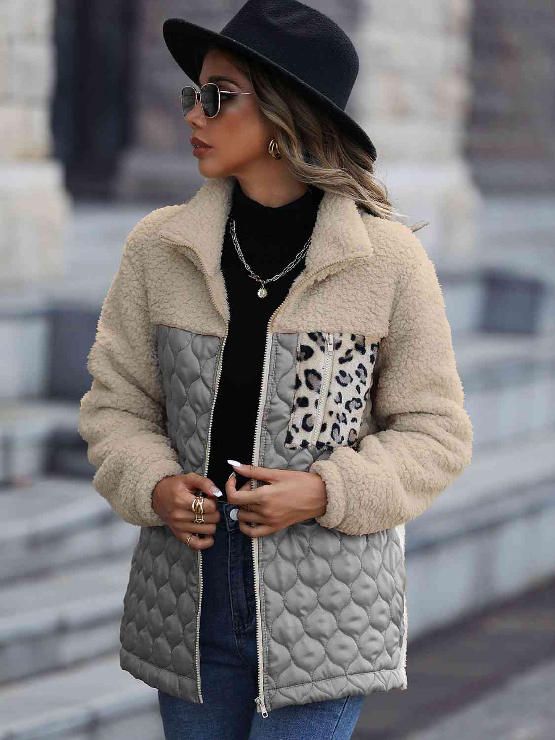Unique Autumn Leopard Color Block Zip-Up Jacket Trendy Lightweight Jacket with Pockets Charming Winter Jacket