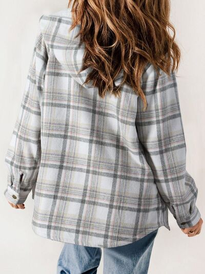 Plaid Snap Down Plush Hooded Jacket Soft & Warm Women Outerwear Cozy And Comfortable Jacket