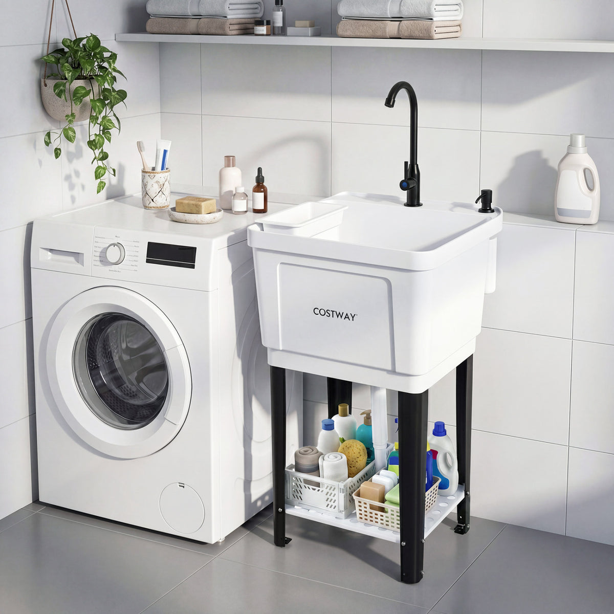 14.5 Gal Utility Sink Laundry Tub with Rotating Faucet and Adjustable Legs-S
