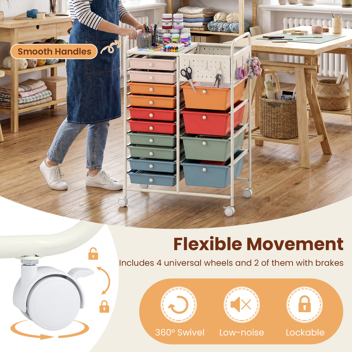 14-Drawer Rolling Storage Cart with Metal Tabletop and Pegboard-Macaron