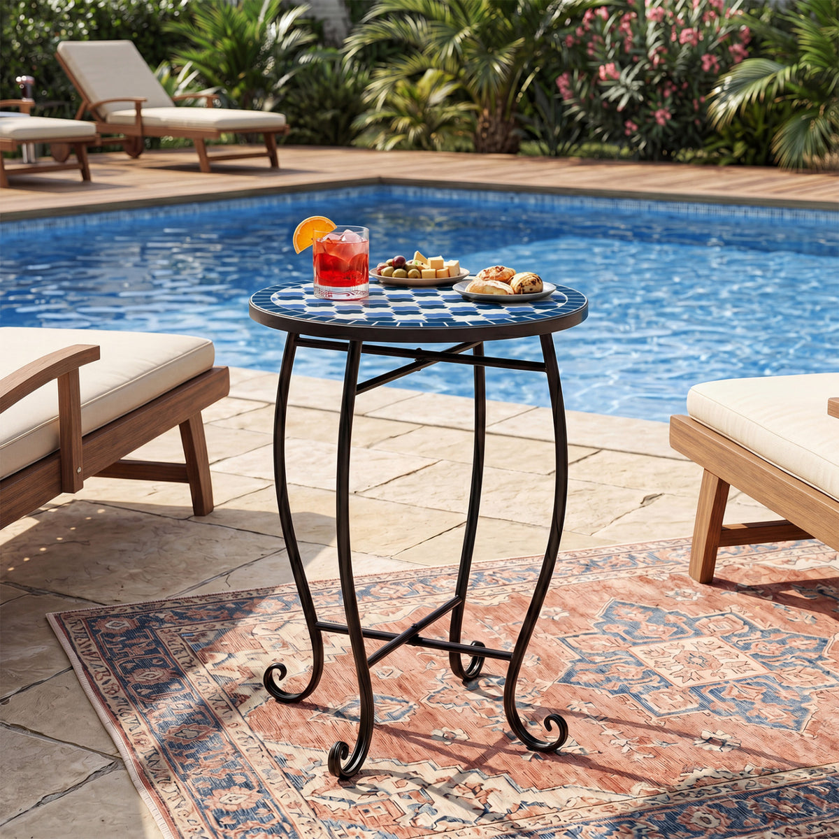 14" Floral Clover/Blooming Lotus/Bright Sunflower Mosaic Patio Accent Coffee End Table-Blue