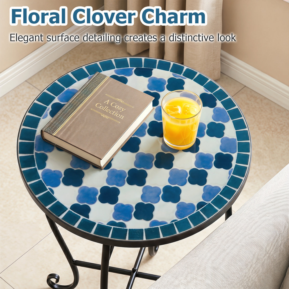 14" Floral Clover/Blooming Lotus/Bright Sunflower Mosaic Patio Accent Coffee End Table-Blue