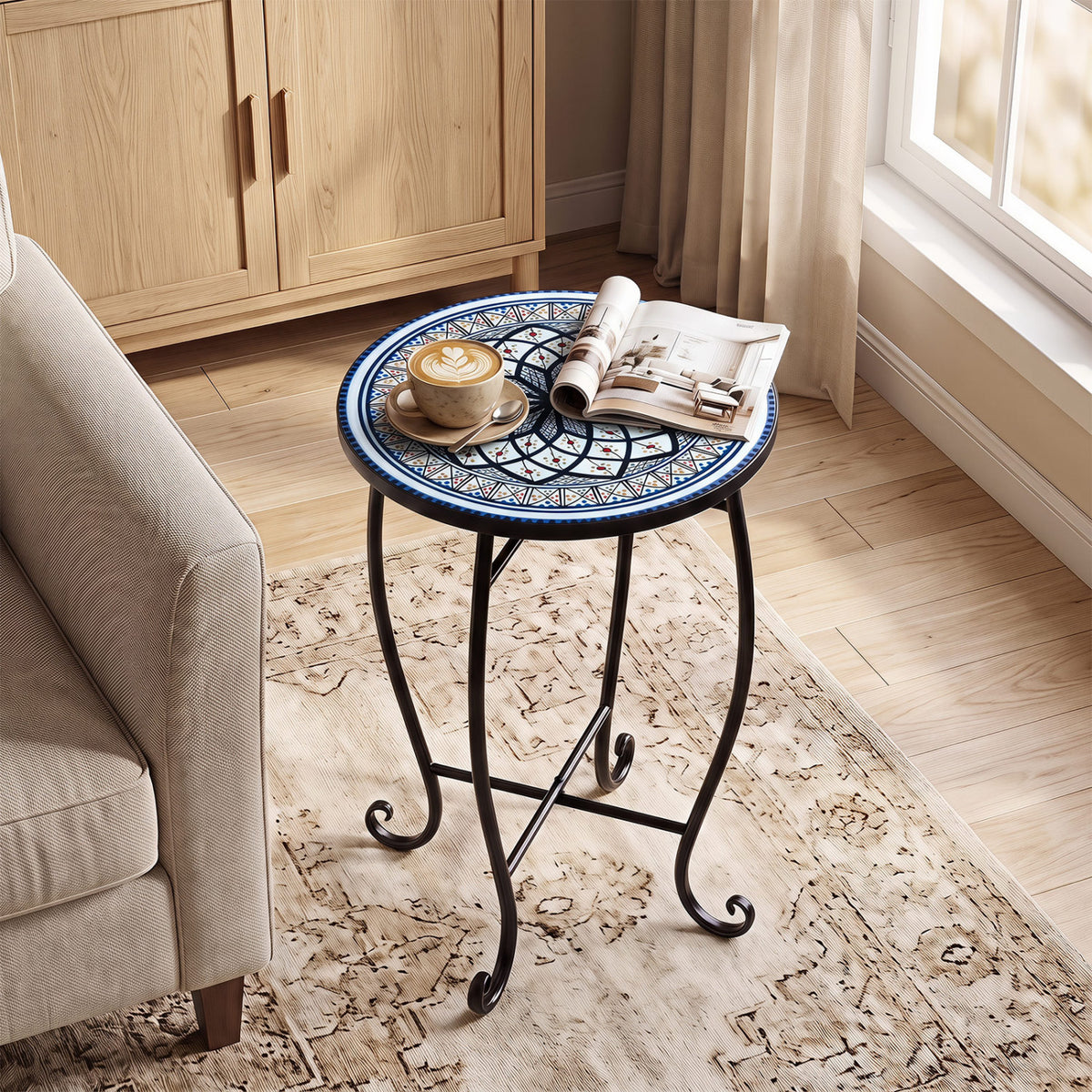 14" Floral Clover/Blooming Lotus/Bright Sunflower Mosaic Patio Accent Coffee End Table-White