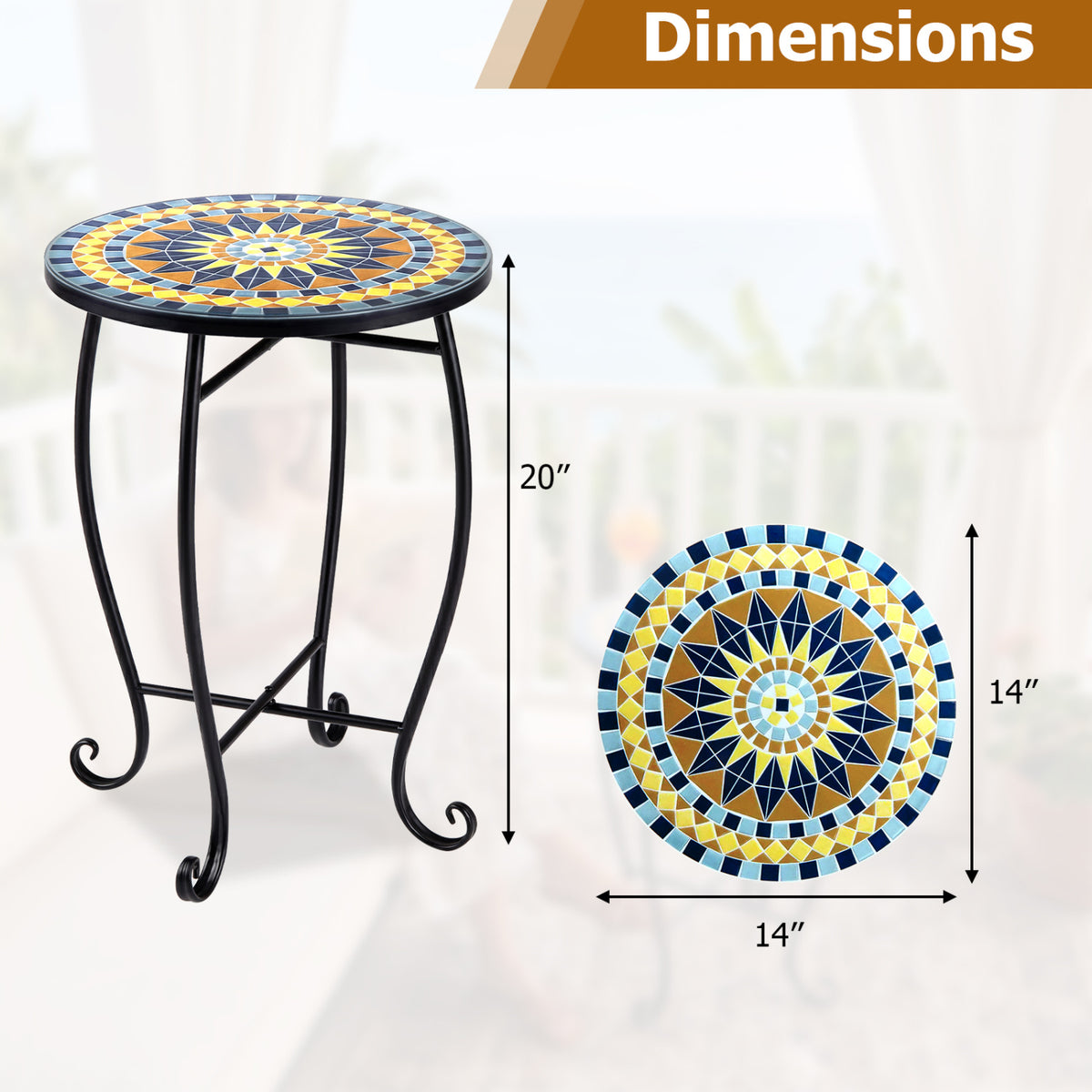 14" Floral Clover/Blooming Lotus/Bright Sunflower Mosaic Patio Accent Coffee End Table-Yellow