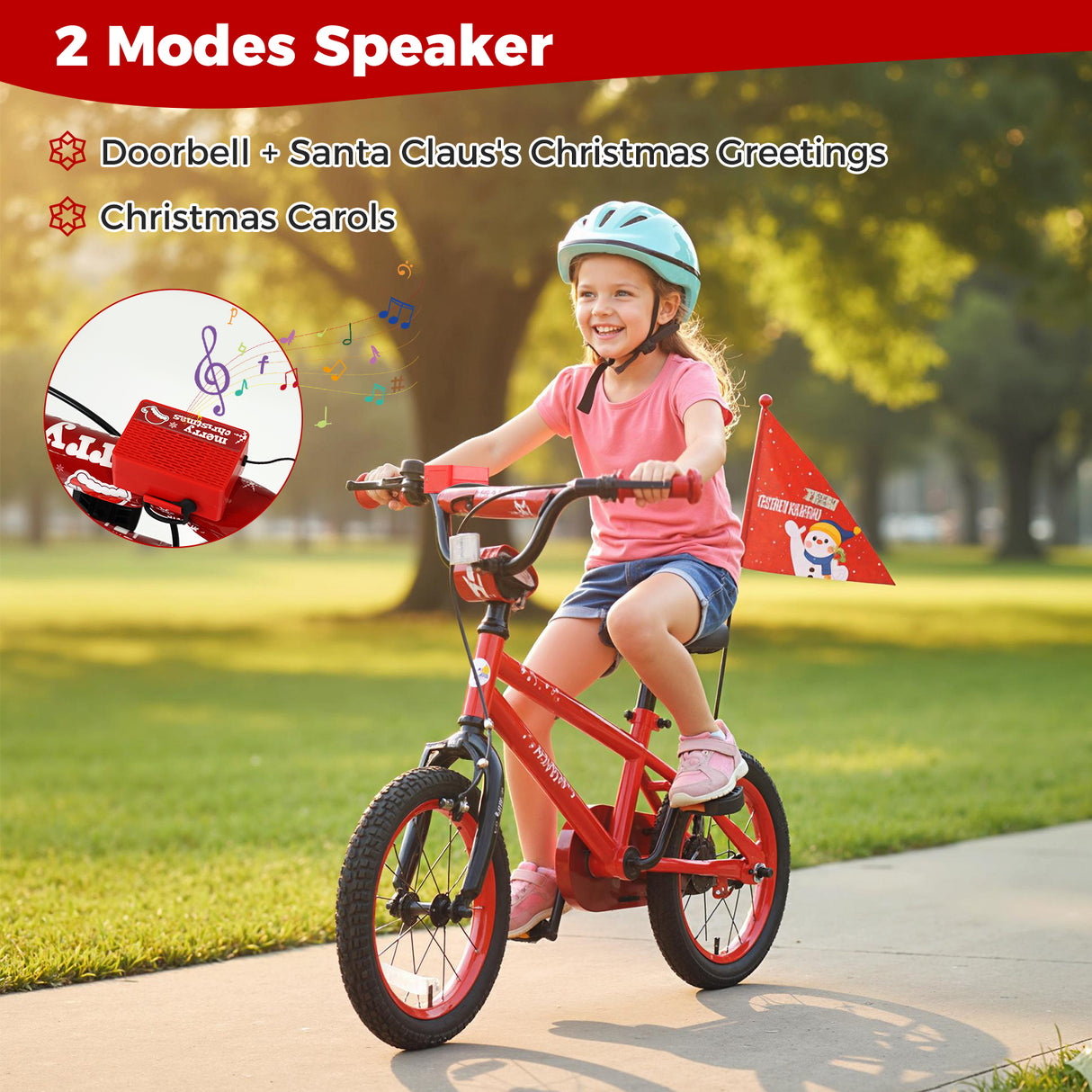 14 Inch Kids Bike Adjustable with Christmas Music & Flag for Aged 4-5 Years Old