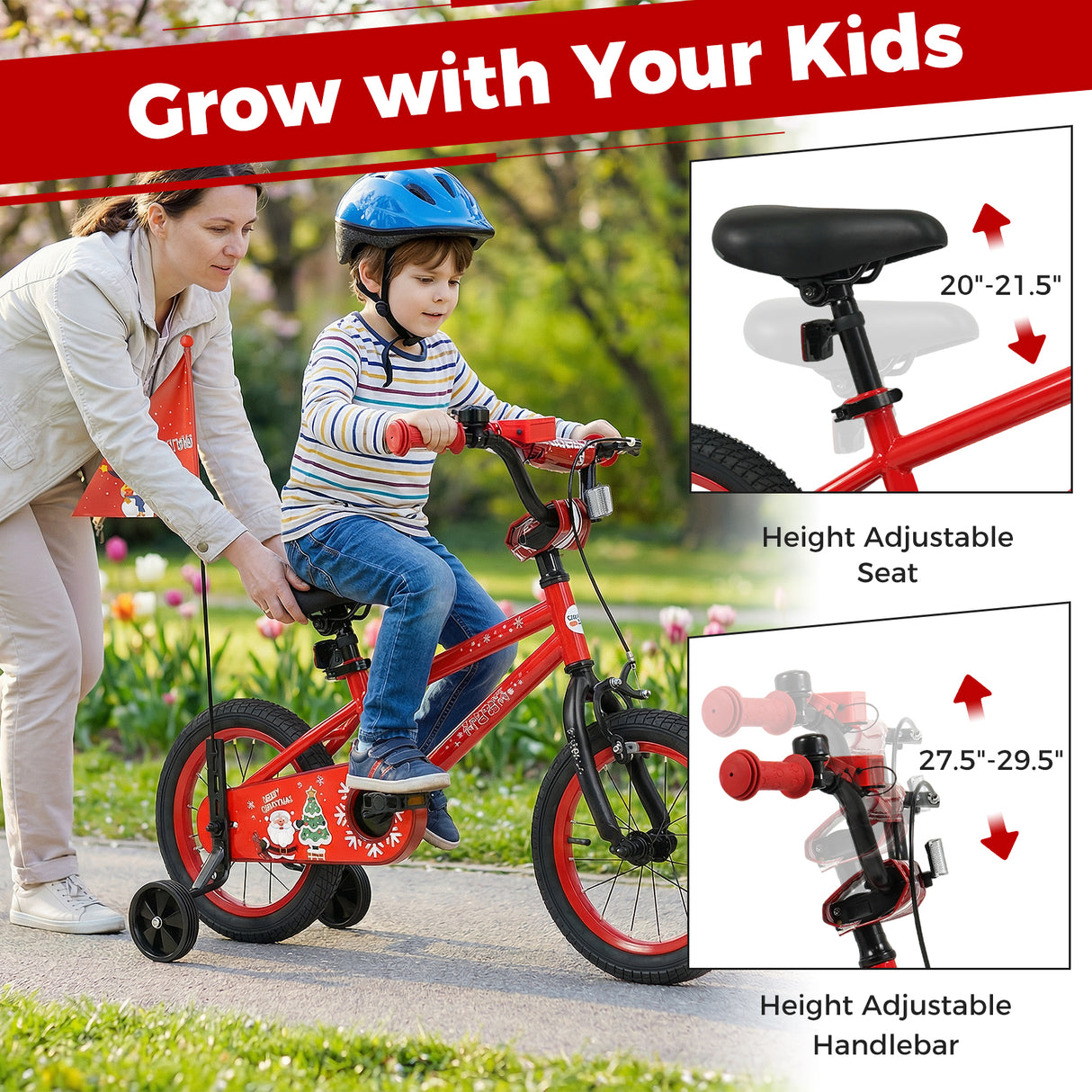 14 Inch Kids Bike Adjustable with Christmas Music & Flag for Aged 4-5 Years Old