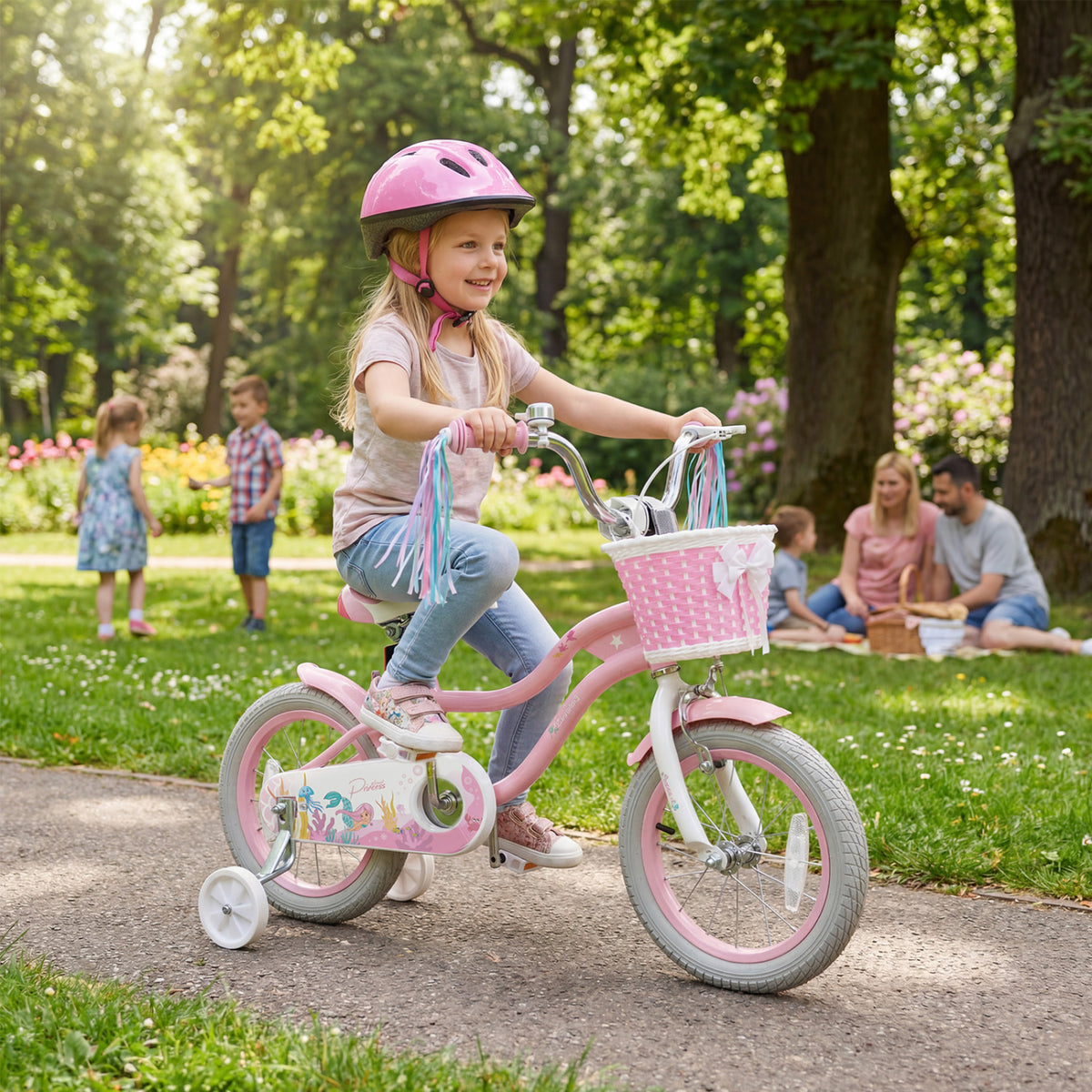 14 Inch Kids Bike Adjustable with Basket and Streamers for Girls Aged 3-5 Years Old Pink