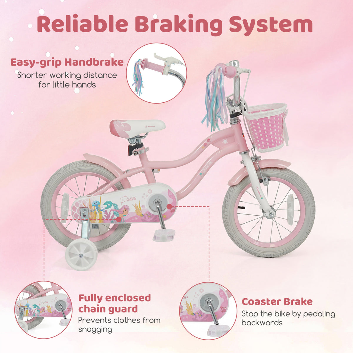 14 Inch Kids Bike Adjustable with Basket and Streamers for Girls Aged 3-5 Years Old Pink