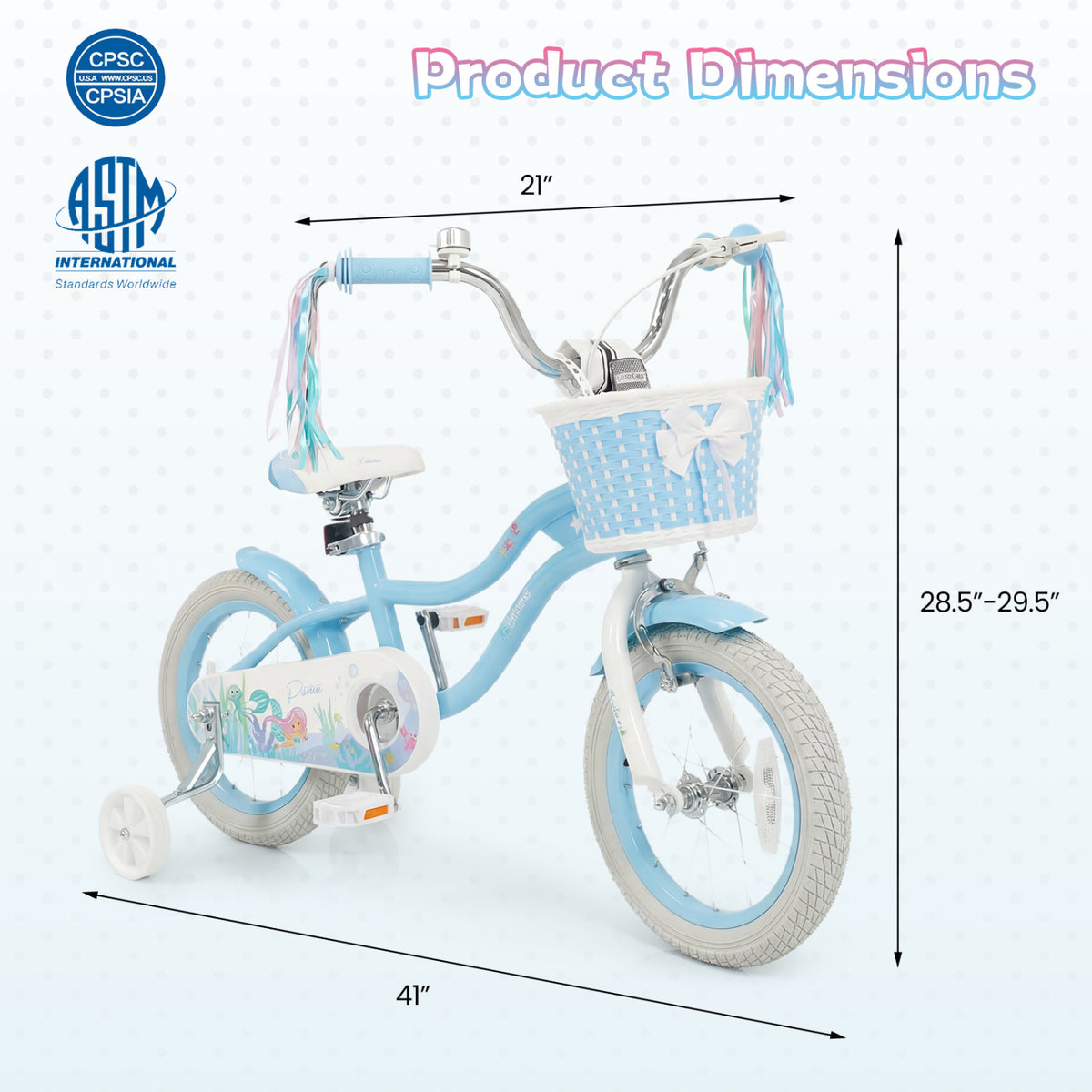 14 Inch Kids Bike Adjustable with Basket and Streamers Blue for Kids Aged 3-5 Years Old - Princess of the Sea Theme