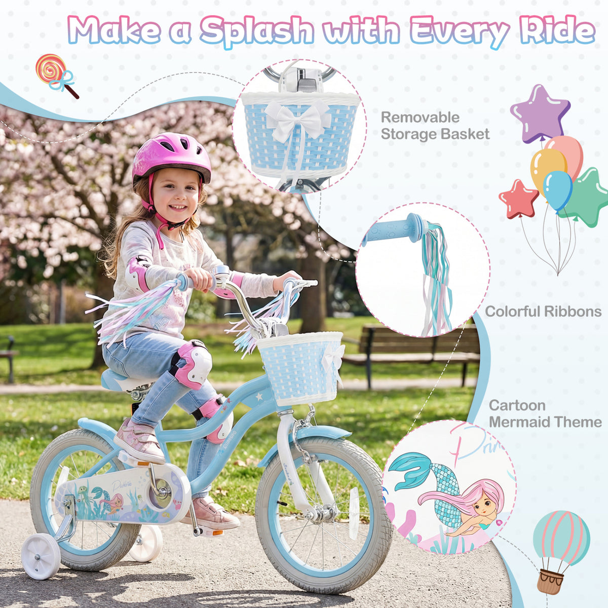 14 Inch Kids Bike Adjustable with Basket and Streamers Blue for Kids Aged 3-5 Years Old - Princess of the Sea Theme