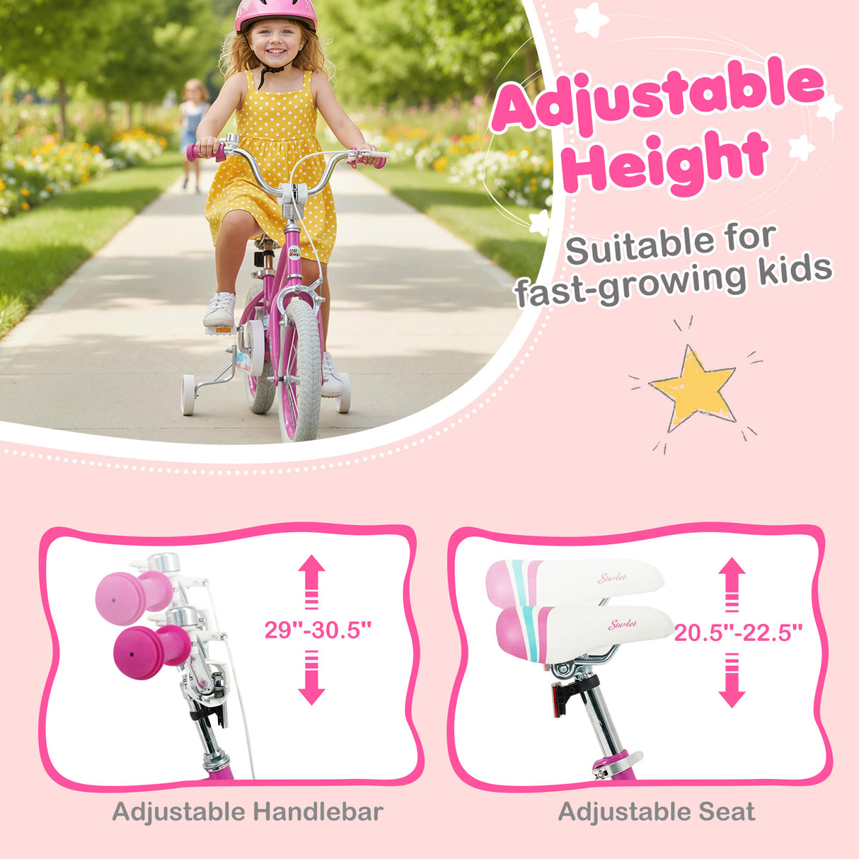 14 Inch Kids Bike for Aged 3-8 Years Old with Adjustable Handlebar Pink- Starlight Wave