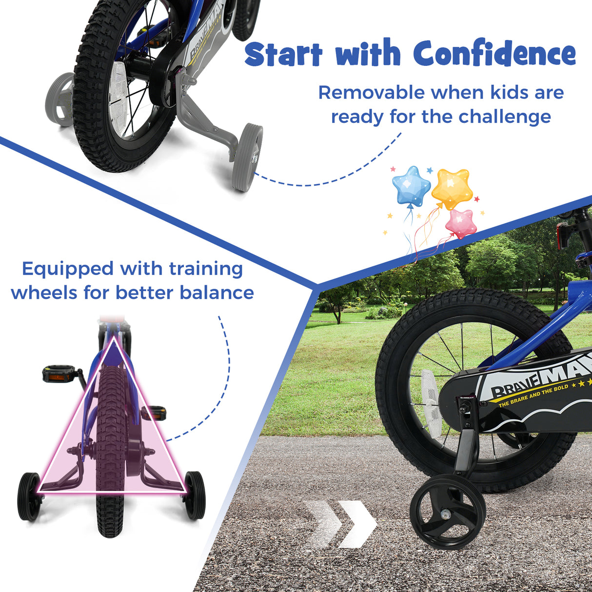 14-Inch Kids Bike with Removable Training Wheels Navy - Brave Hero
