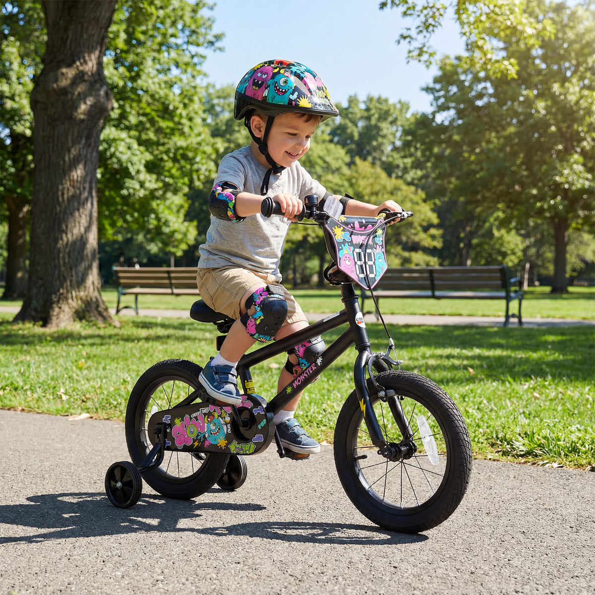 14 Inch Kids Bike with Training Wheels for Ages 3-5 Years Old Black- Street Art Time