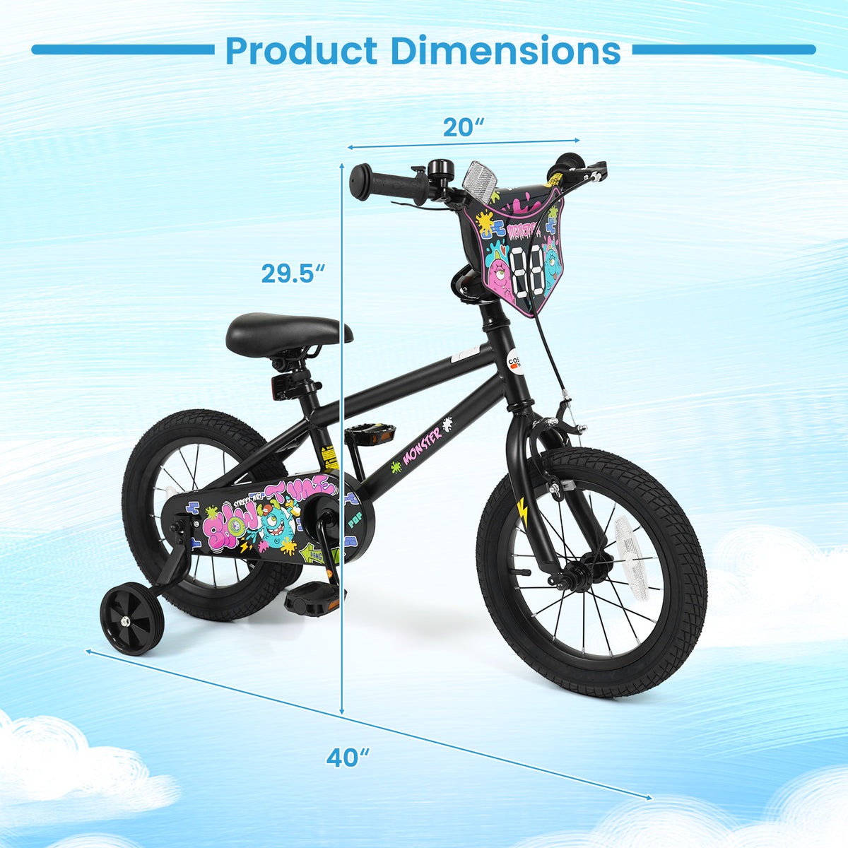 14 Inch Kids Bike with Training Wheels for Ages 3-5 Years Old Black- Street Art Time