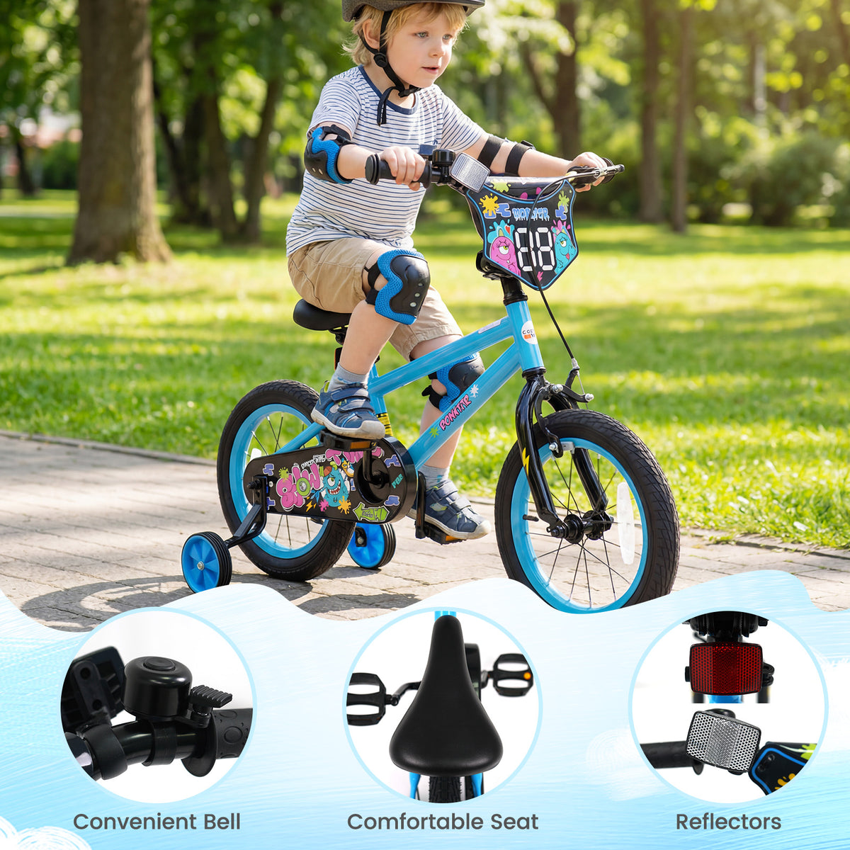 14 Inch Kids Bike with Training Wheels for Ages 3-5 Years Old Blue- Street Art Time
