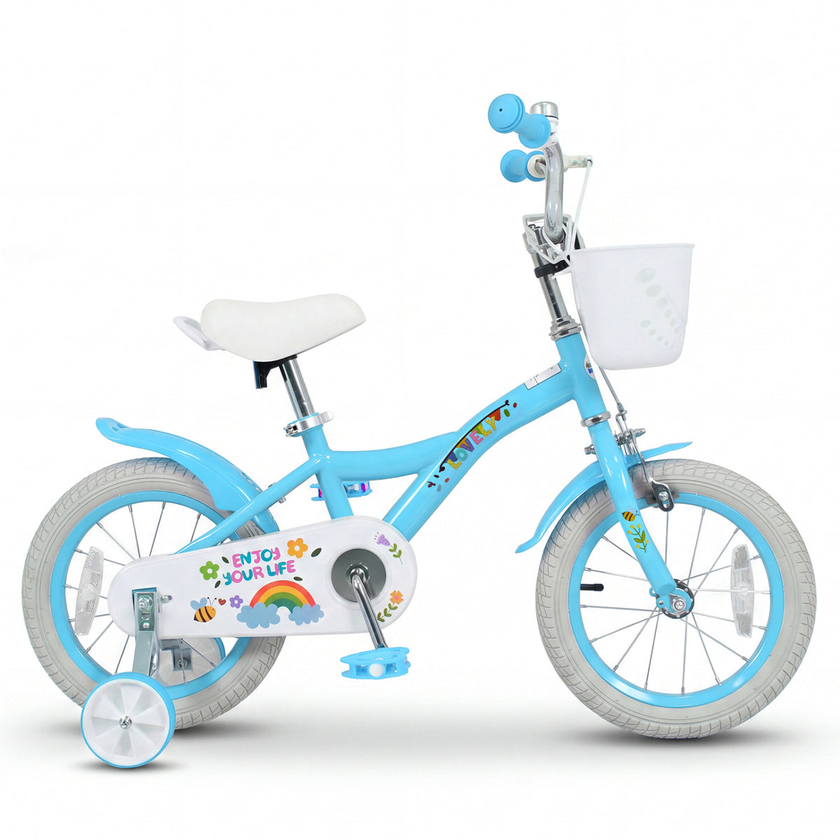14 Inches Girls Bike for 3-5 Years Old with Training Wheels and Basket - Spring Party Blue
