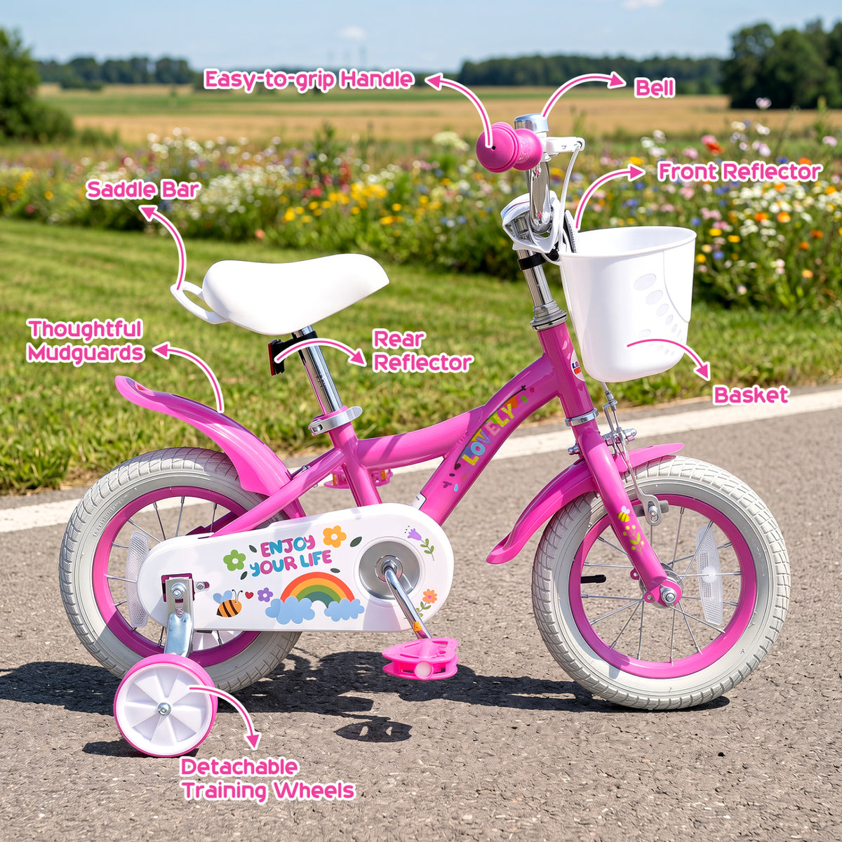 14 Inches Girls Bike for 3-5 Years Old with Basket - Spring Party Pink