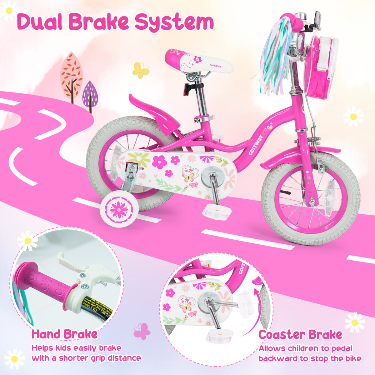 14 Inches Girls Bike with Front Bag and Streamers for 3-5 Years Pink