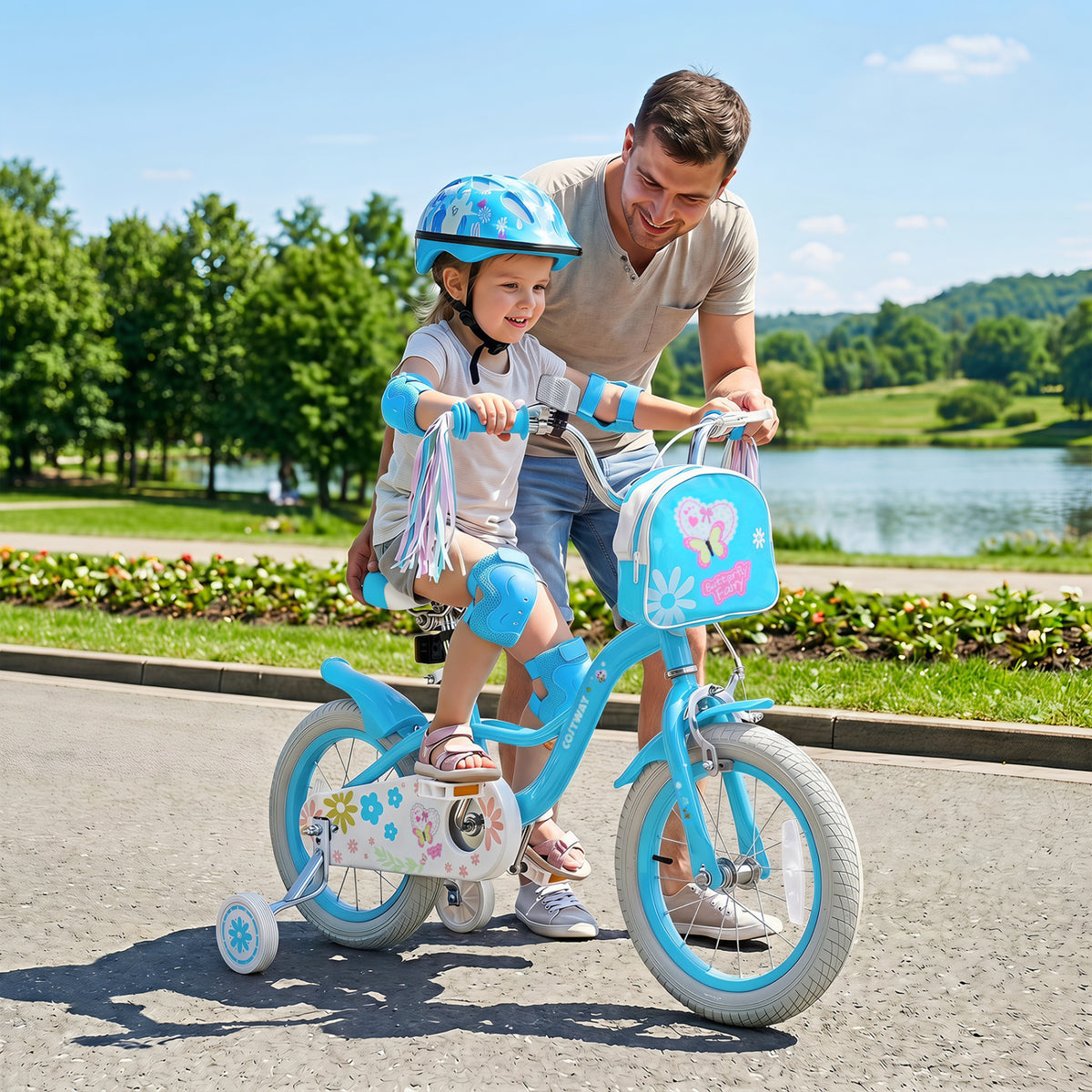 14 Inches Girls Bike with Front Bag and Streamers for 3-5 Years Blue