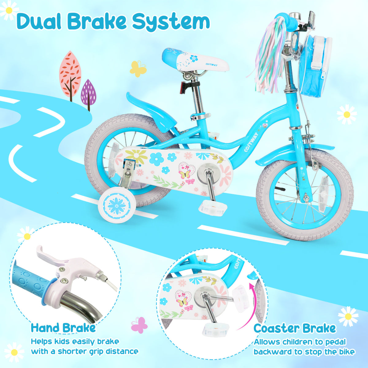 14 Inches Girls Bike with Front Bag and Streamers for 3-5 Years Blue