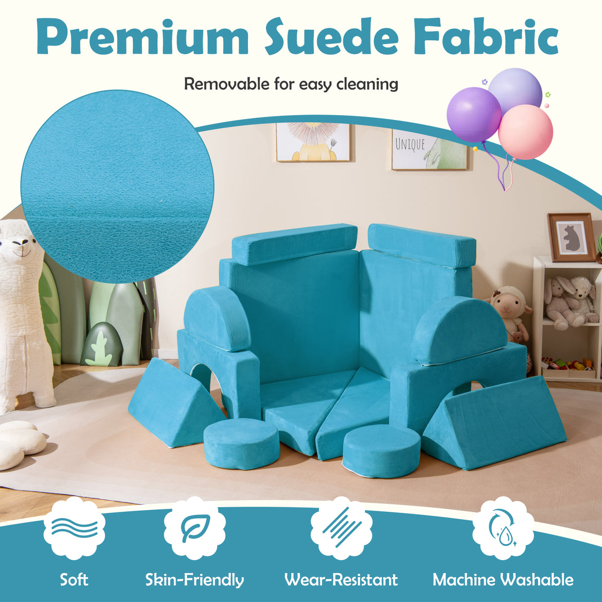 14 PCS Modular Kids Play Couch for Playroom and Bedroom-Blue