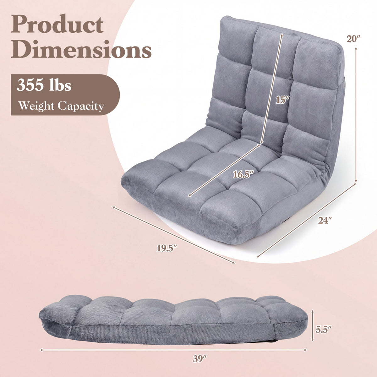 14-Position Adjustable Cushioned Floor Chair-Light Gray