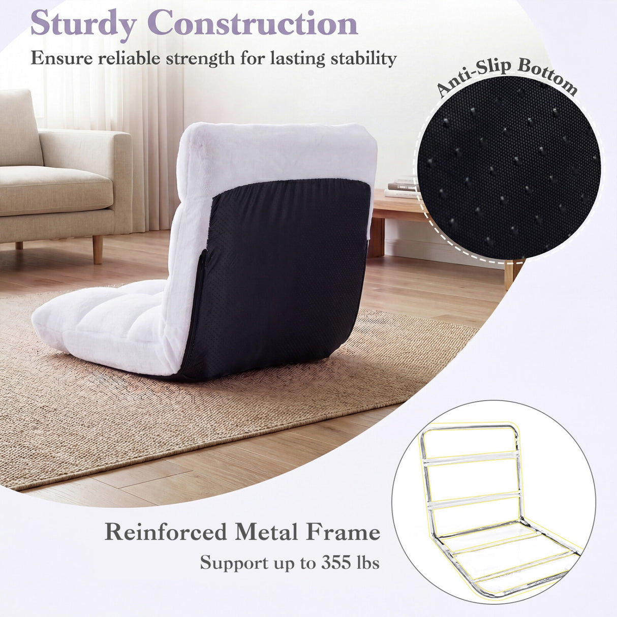 14-Position Adjustable Cushioned Floor Chair-White