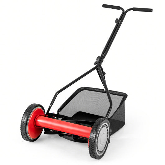 14 Inch Push Lawn Mower with 5 Steel Blades and Grass Catcher Bag-Red