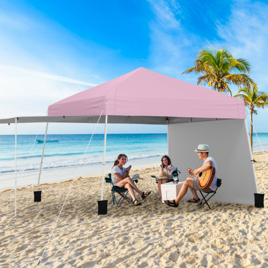 14 x 9.2 Feet Pop up Canopy Tent with 2 Convertible Sidewalls to Awning and Stakes-Pink