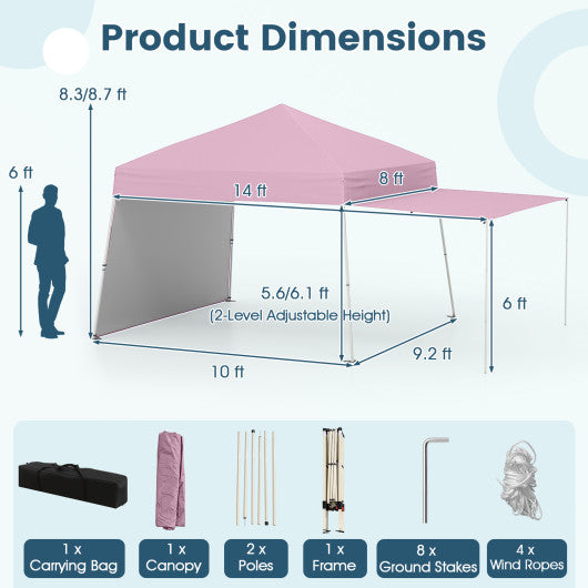 14 x 9.2 Feet Pop up Canopy Tent with 2 Convertible Sidewalls to Awning and Stakes-Pink