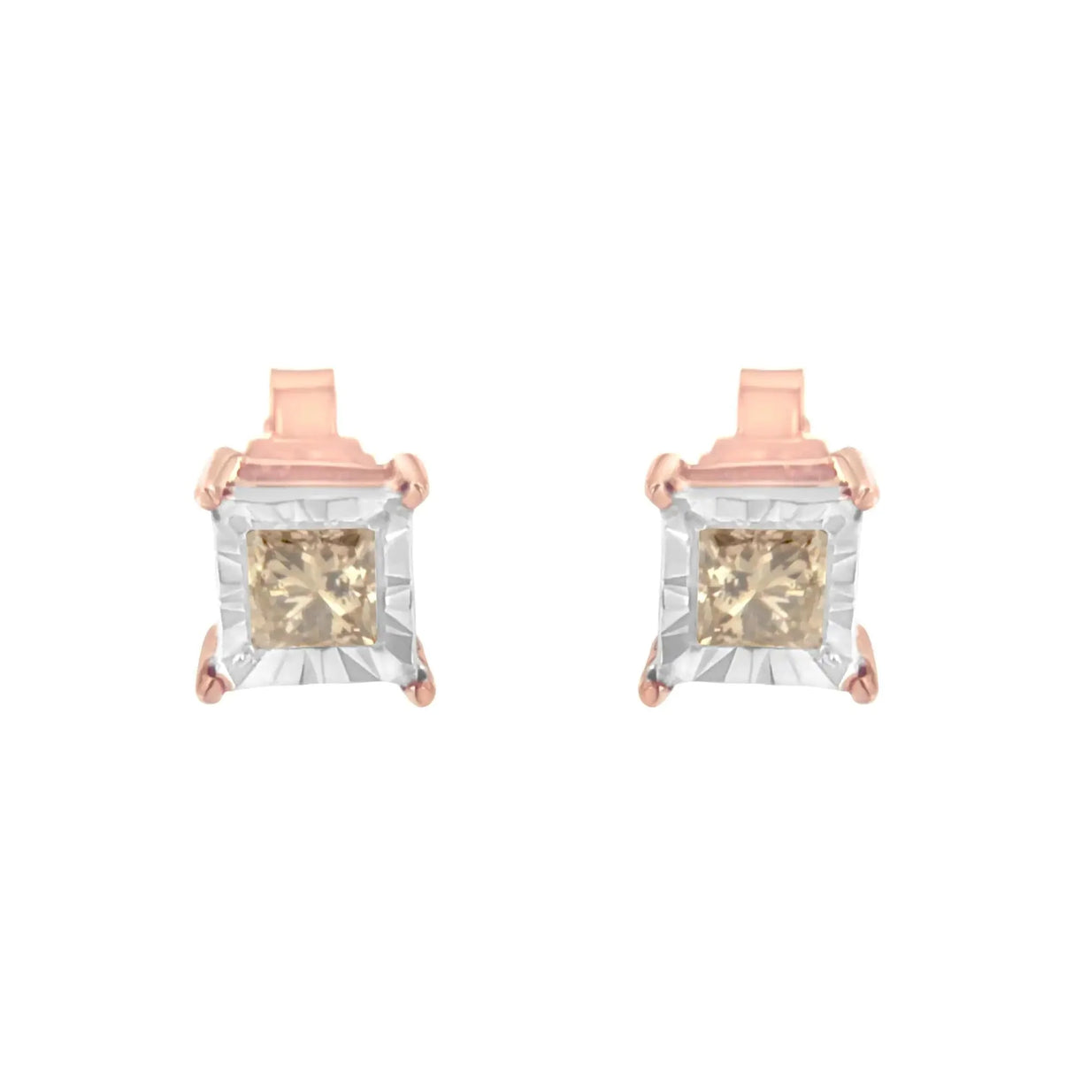 14K Rose Gold Plated Two-Tone .925 Sterling Silver 1/2 Cttw Princess-Cut Square Diamond Solitaire Miracle-Plate Stud Earrings (K-L Color, I2-I3 Clarity)