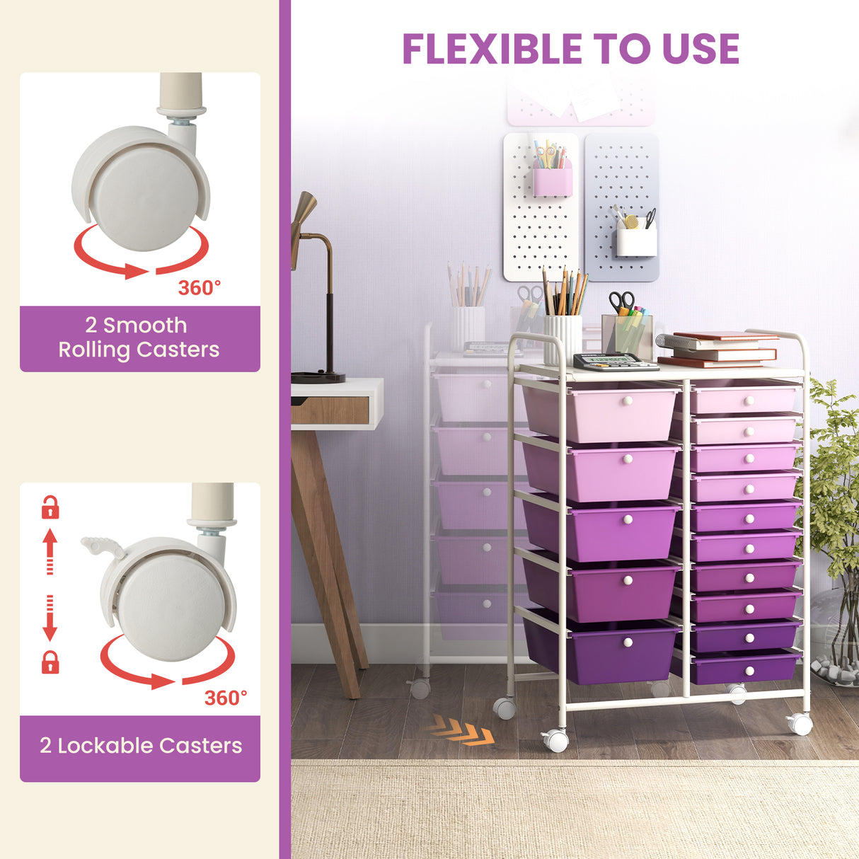 15-Drawer Utility Rolling Organizer Cart Multi-Use Storage-Purple